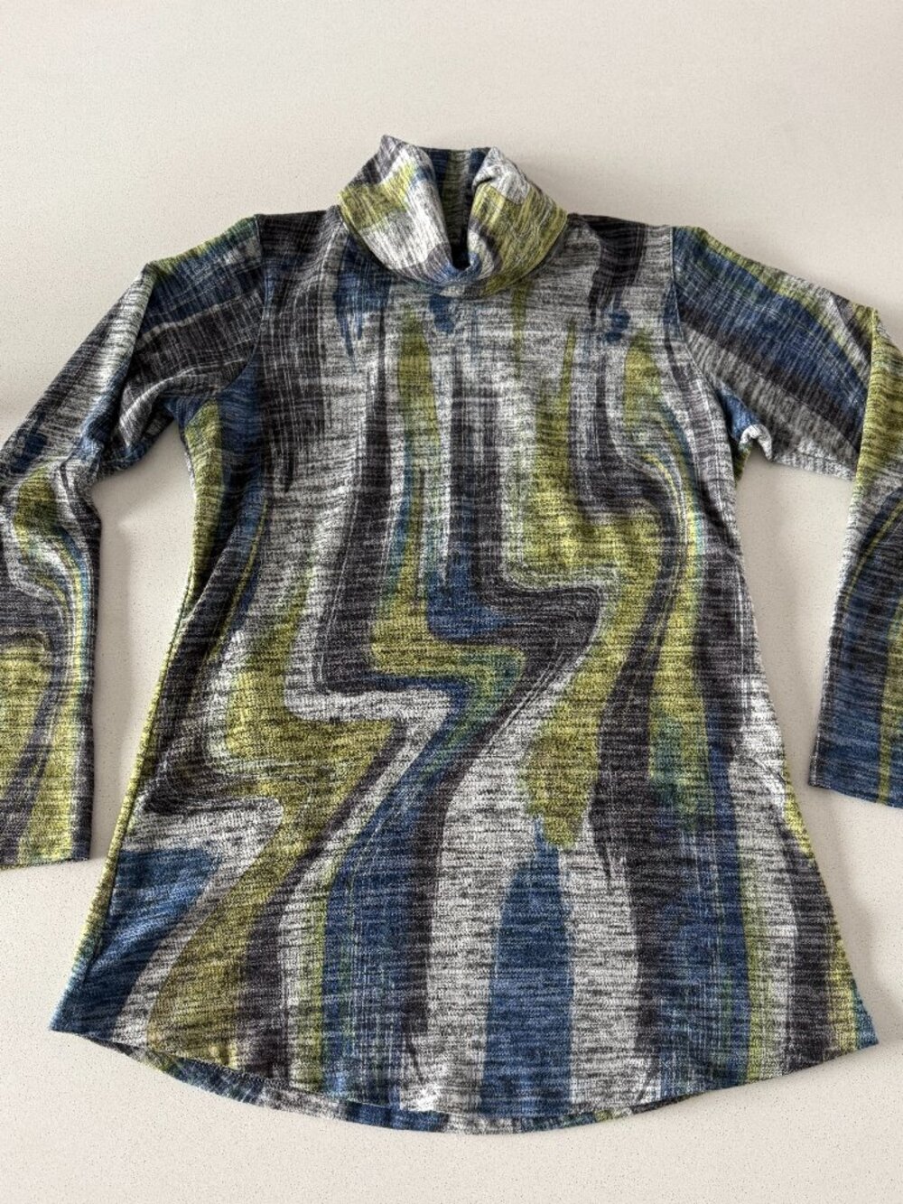 David Cline Abstract Plaid Turtleneck Tunic Top L Blue Green Gray